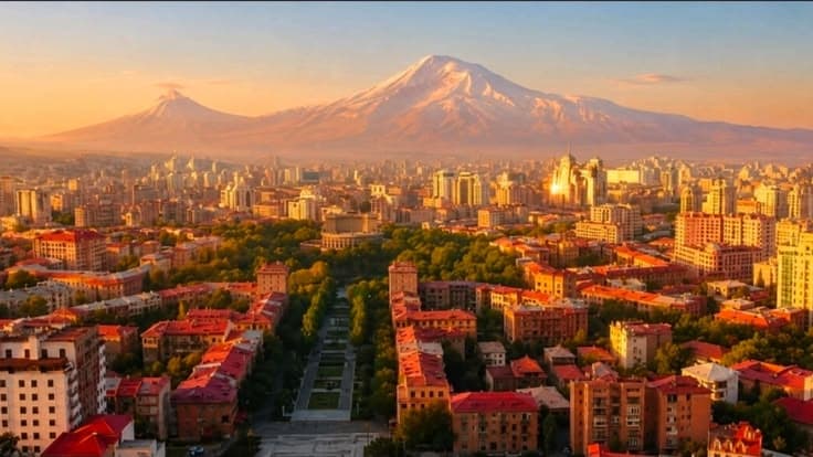 Yerevan city aerial view at sunset